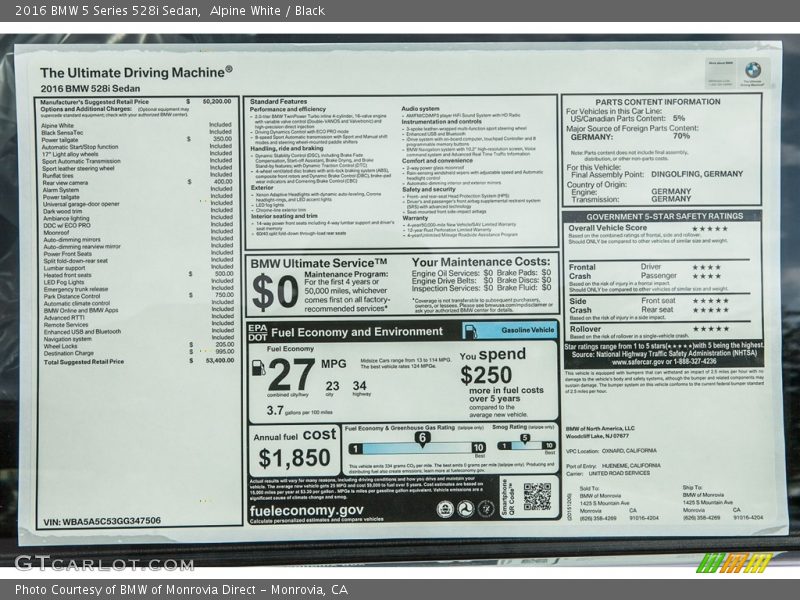 Alpine White / Black 2016 BMW 5 Series 528i Sedan