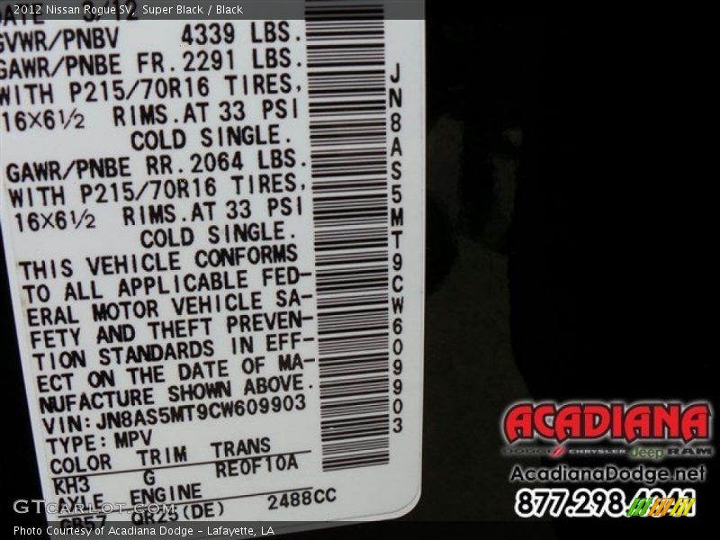 Super Black / Black 2012 Nissan Rogue SV