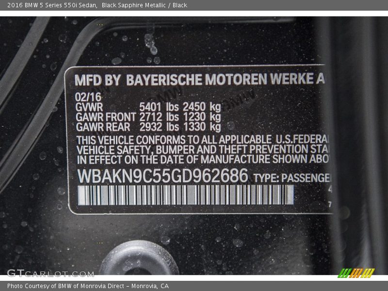 Black Sapphire Metallic / Black 2016 BMW 5 Series 550i Sedan