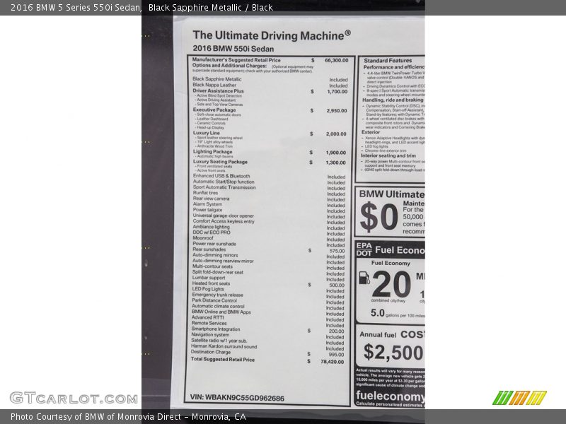  2016 5 Series 550i Sedan Window Sticker