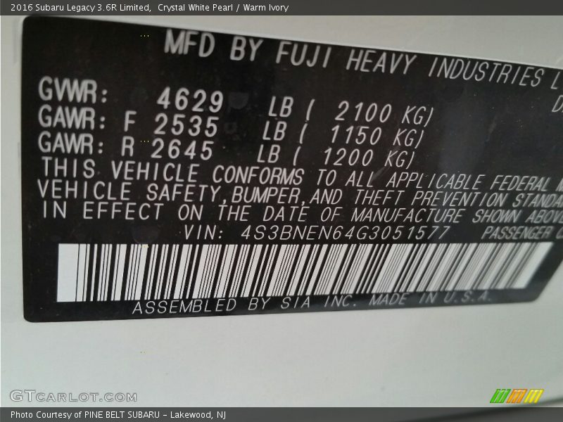 Crystal White Pearl / Warm Ivory 2016 Subaru Legacy 3.6R Limited