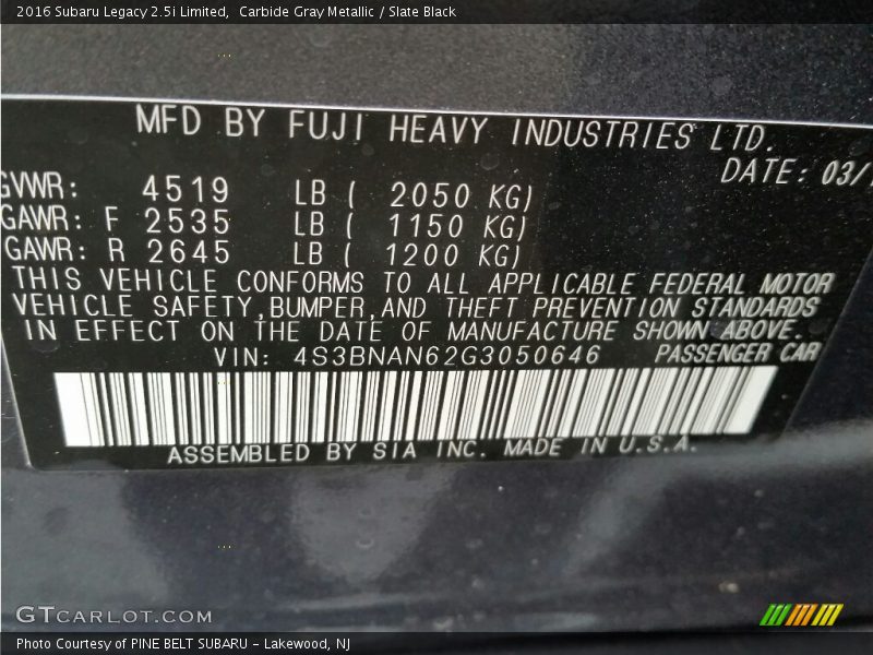 Carbide Gray Metallic / Slate Black 2016 Subaru Legacy 2.5i Limited