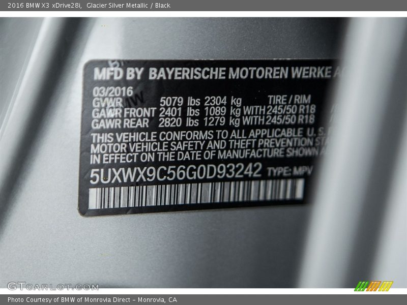 Glacier Silver Metallic / Black 2016 BMW X3 xDrive28i