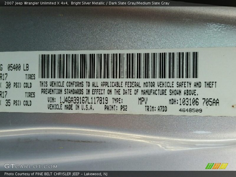 Bright Silver Metallic / Dark Slate Gray/Medium Slate Gray 2007 Jeep Wrangler Unlimited X 4x4
