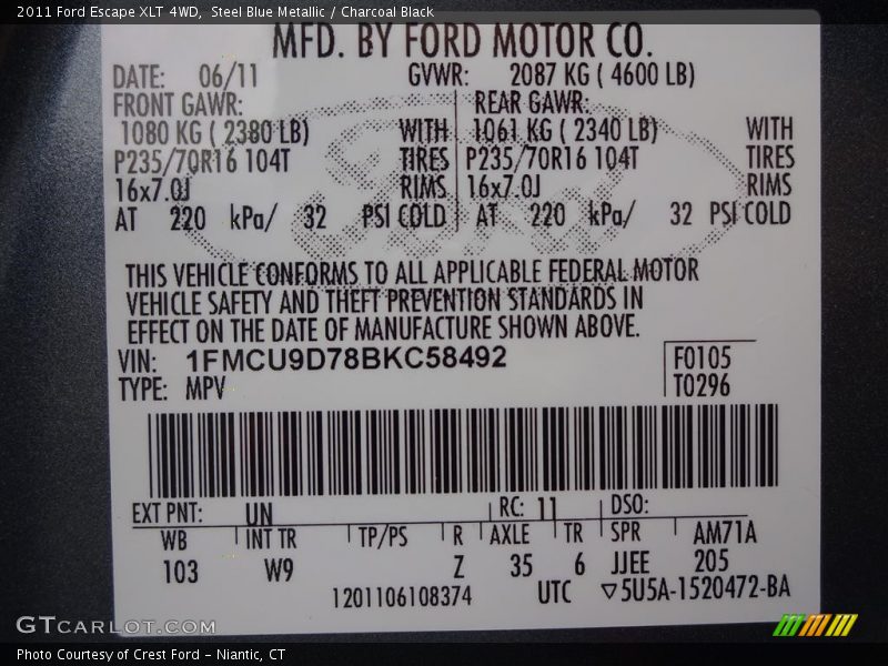 Steel Blue Metallic / Charcoal Black 2011 Ford Escape XLT 4WD