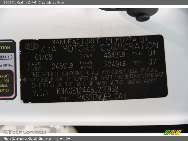Clear White / Beige 2008 Kia Optima LX V6