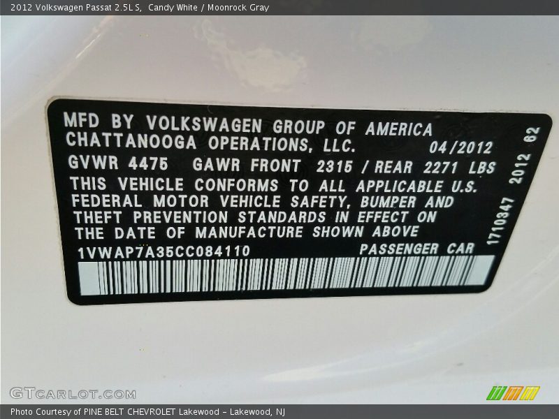 Candy White / Moonrock Gray 2012 Volkswagen Passat 2.5L S