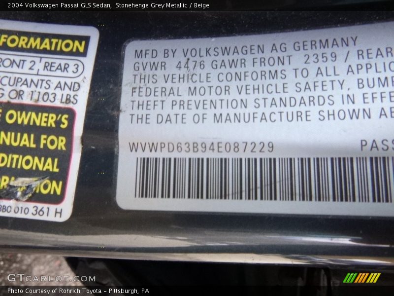 Stonehenge Grey Metallic / Beige 2004 Volkswagen Passat GLS Sedan