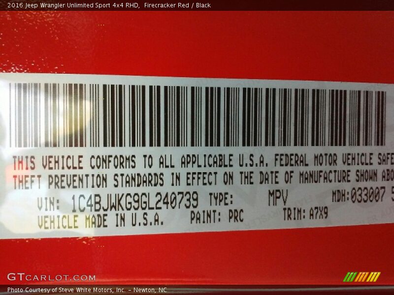 2016 Wrangler Unlimited Sport 4x4 RHD Firecracker Red Color Code PRC
