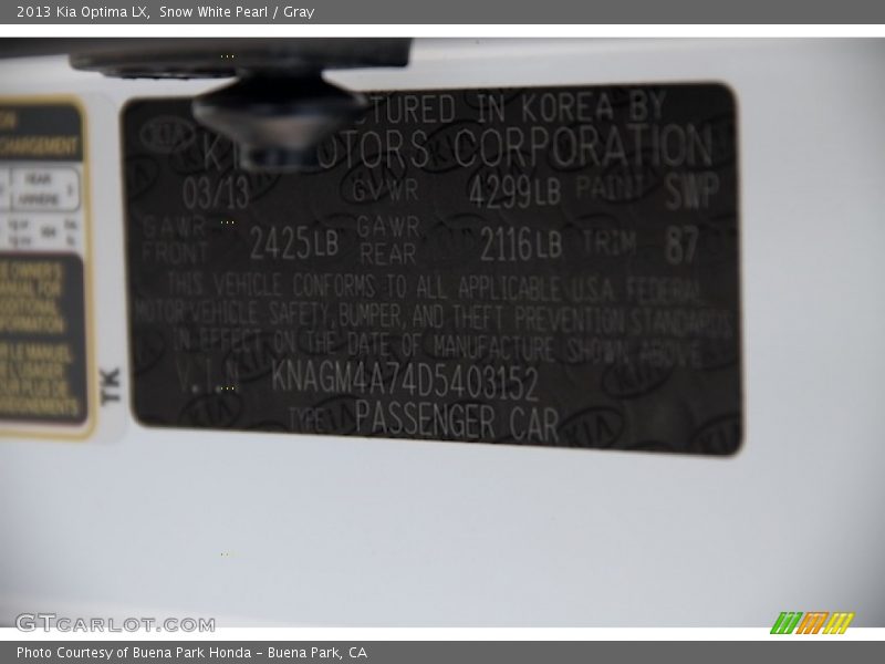 Snow White Pearl / Gray 2013 Kia Optima LX