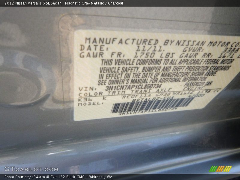 Magnetic Gray Metallic / Charcoal 2012 Nissan Versa 1.6 SL Sedan