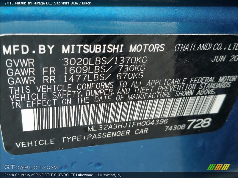 Sapphire Blue / Black 2015 Mitsubishi Mirage DE