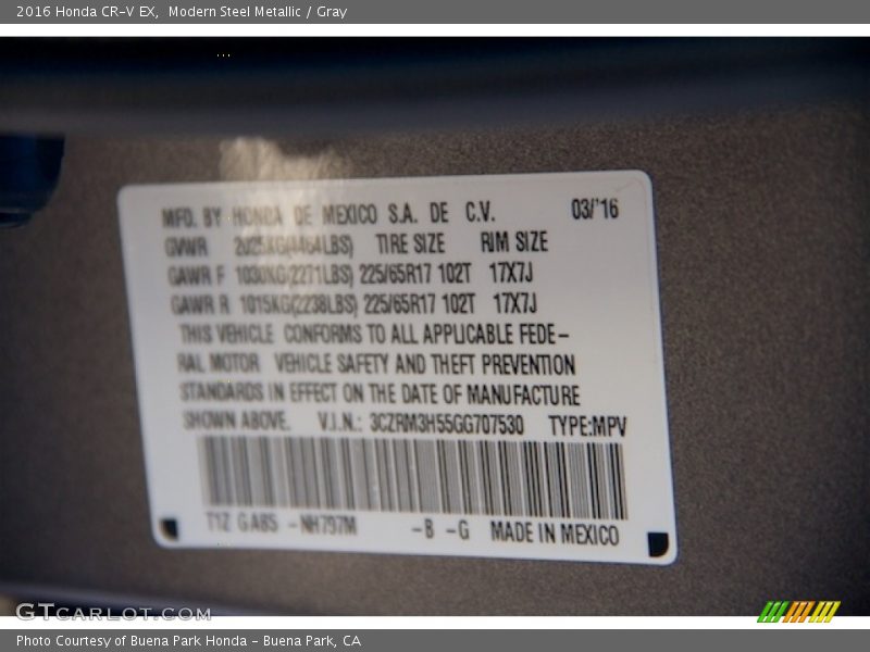 Modern Steel Metallic / Gray 2016 Honda CR-V EX