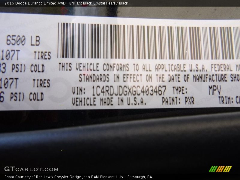 Brilliant Black Crystal Pearl / Black 2016 Dodge Durango Limited AWD