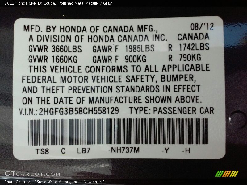 Polished Metal Metallic / Gray 2012 Honda Civic LX Coupe