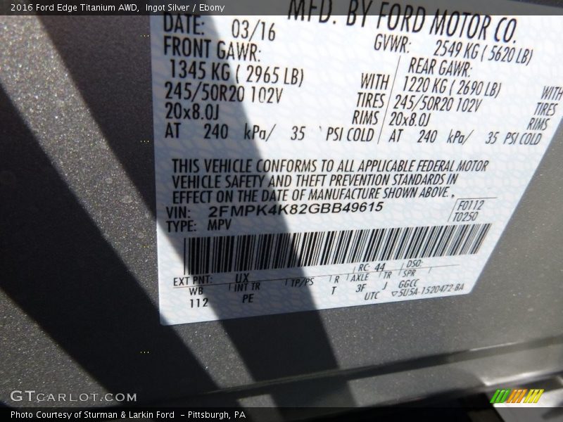 Ingot Silver / Ebony 2016 Ford Edge Titanium AWD