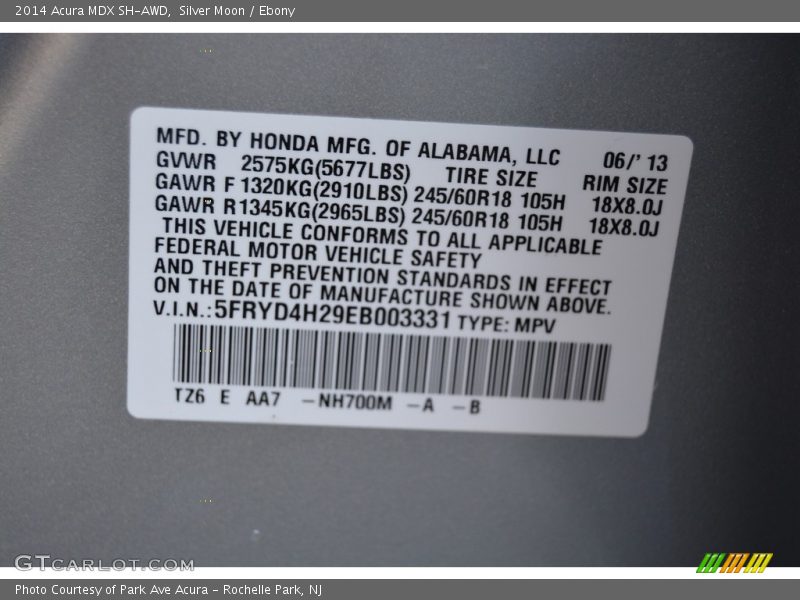 Silver Moon / Ebony 2014 Acura MDX SH-AWD