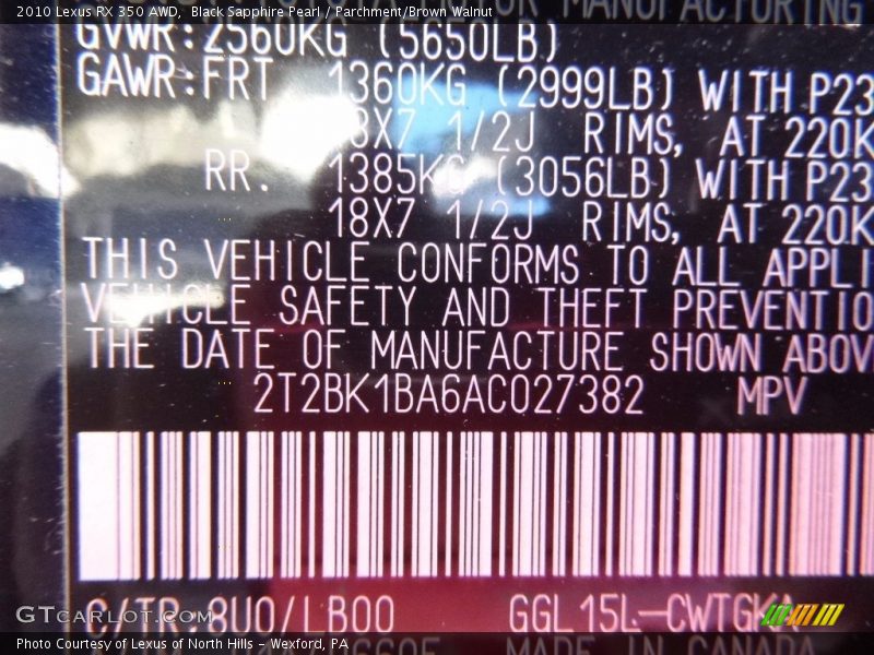 Black Sapphire Pearl / Parchment/Brown Walnut 2010 Lexus RX 350 AWD