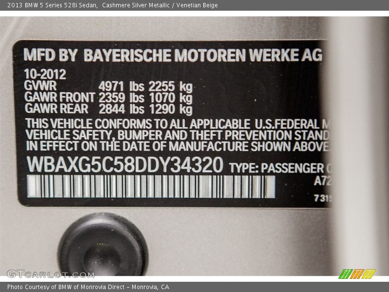 2013 5 Series 528i Sedan Cashmere Silver Metallic Color Code A72