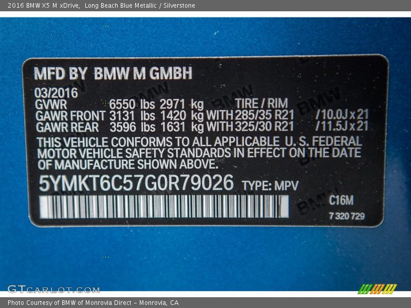 2016 X5 M xDrive Long Beach Blue Metallic Color Code C16M