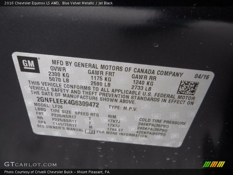 Blue Velvet Metallic / Jet Black 2016 Chevrolet Equinox LS AWD