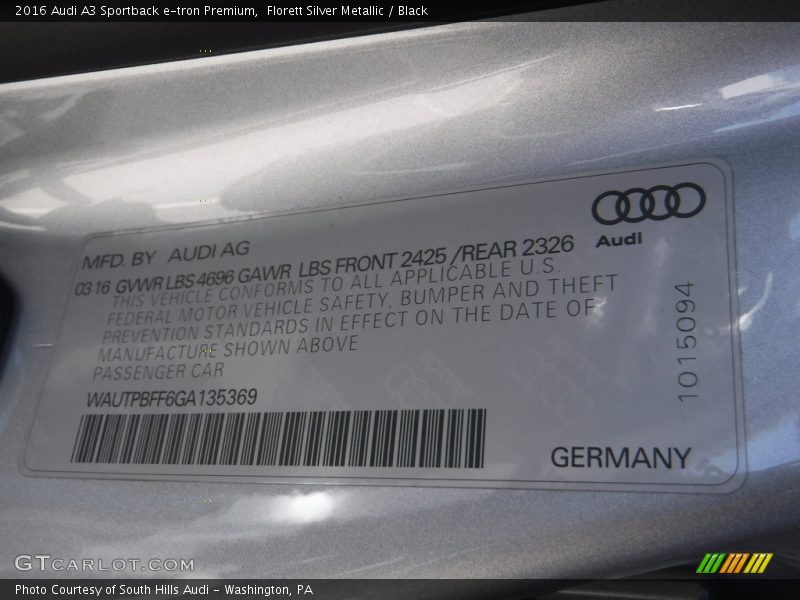 Florett Silver Metallic / Black 2016 Audi A3 Sportback e-tron Premium