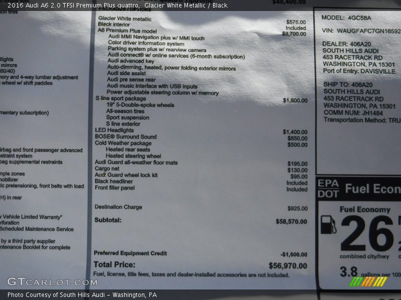 Glacier White Metallic / Black 2016 Audi A6 2.0 TFSI Premium Plus quattro