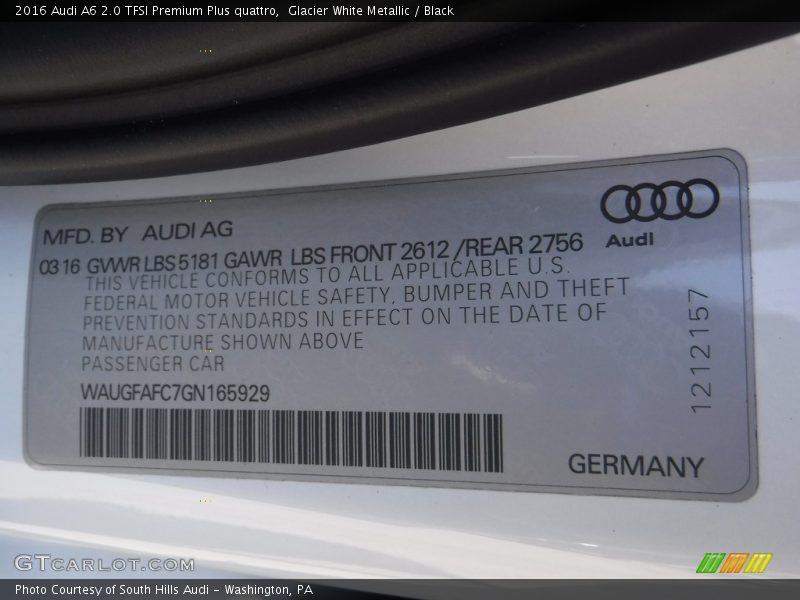 Glacier White Metallic / Black 2016 Audi A6 2.0 TFSI Premium Plus quattro