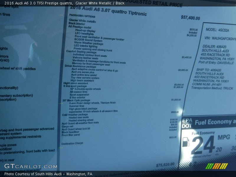 Glacier White Metallic / Black 2016 Audi A6 3.0 TFSI Prestige quattro
