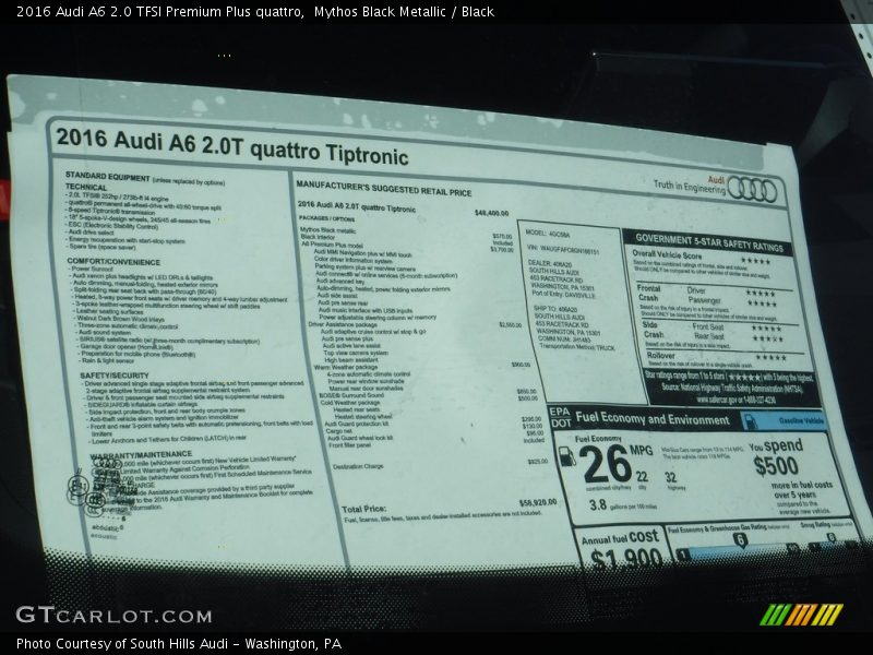 Mythos Black Metallic / Black 2016 Audi A6 2.0 TFSI Premium Plus quattro