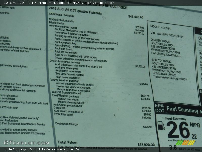 Mythos Black Metallic / Black 2016 Audi A6 2.0 TFSI Premium Plus quattro