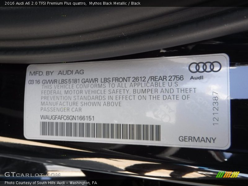 Mythos Black Metallic / Black 2016 Audi A6 2.0 TFSI Premium Plus quattro