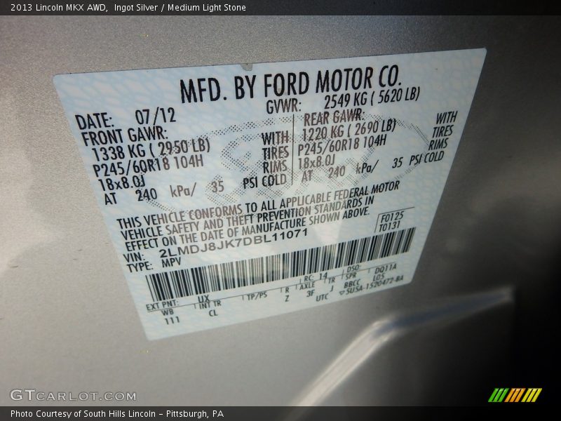 Ingot Silver / Medium Light Stone 2013 Lincoln MKX AWD