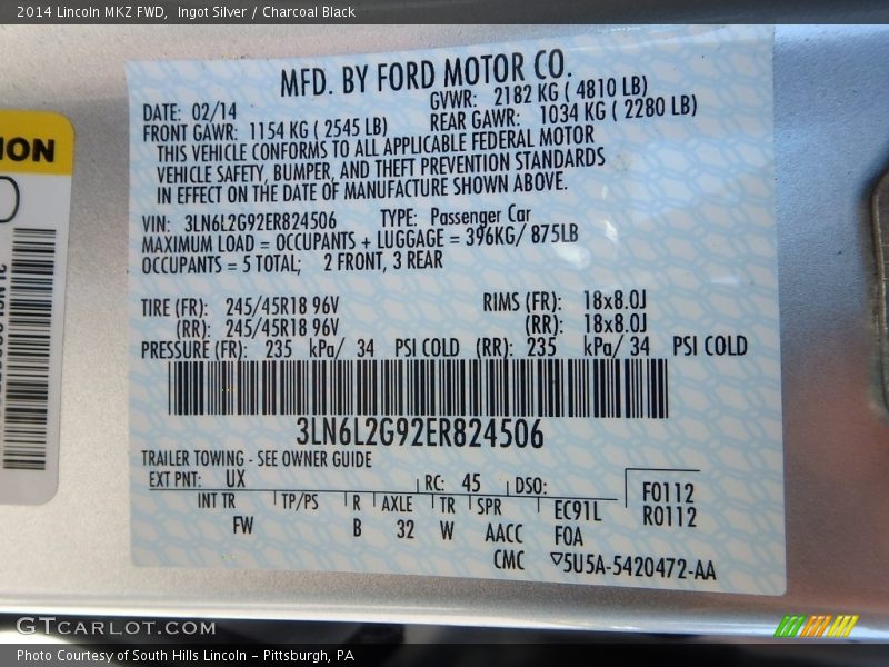 Ingot Silver / Charcoal Black 2014 Lincoln MKZ FWD