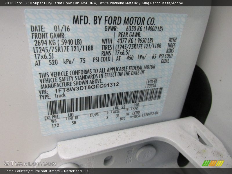 White Platinum Metallic / King Ranch Mesa/Adobe 2016 Ford F350 Super Duty Lariat Crew Cab 4x4 DRW