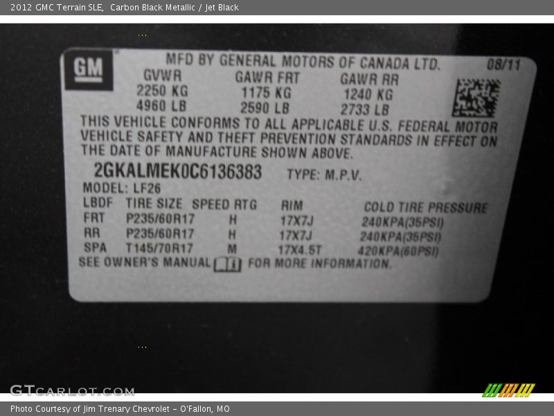 Carbon Black Metallic / Jet Black 2012 GMC Terrain SLE