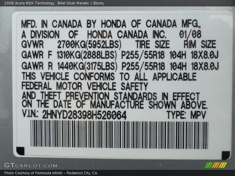Billet Silver Metallic / Ebony 2008 Acura MDX Technology