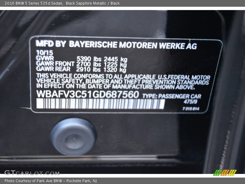 Black Sapphire Metallic / Black 2016 BMW 5 Series 535d Sedan