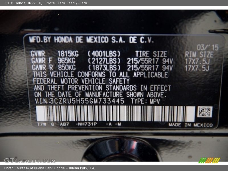 Crystal Black Pearl / Black 2016 Honda HR-V EX
