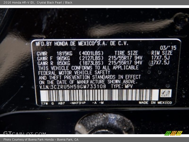 Crystal Black Pearl / Black 2016 Honda HR-V EX