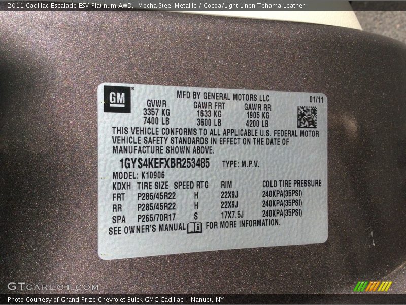 Mocha Steel Metallic / Cocoa/Light Linen Tehama Leather 2011 Cadillac Escalade ESV Platinum AWD