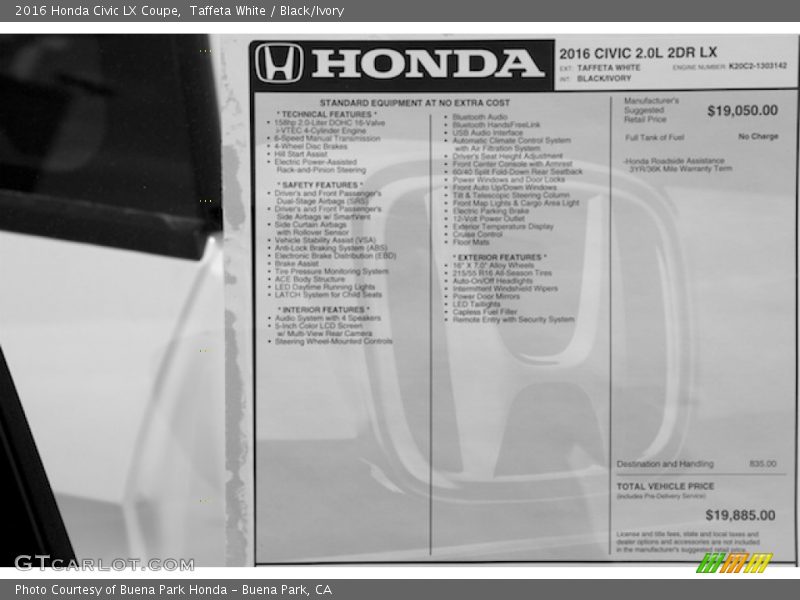 Taffeta White / Black/Ivory 2016 Honda Civic LX Coupe