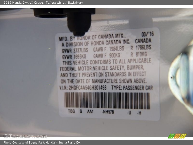 Taffeta White / Black/Ivory 2016 Honda Civic LX Coupe