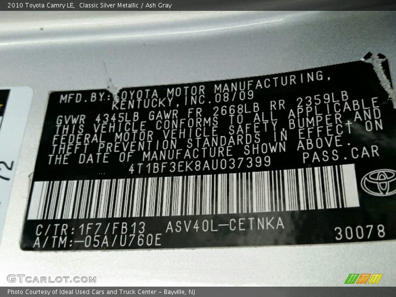 Classic Silver Metallic / Ash Gray 2010 Toyota Camry LE