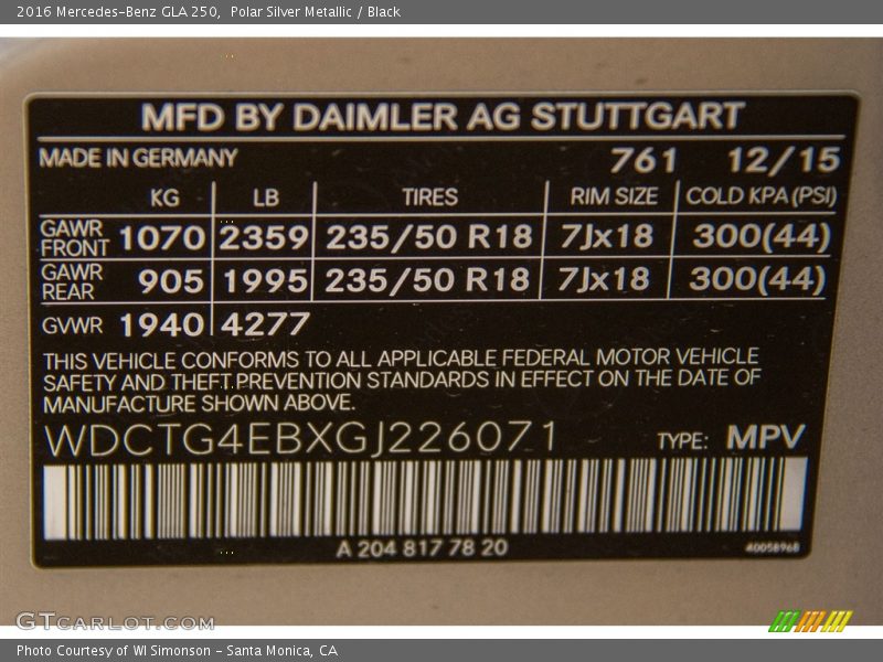 2016 GLA 250 Polar Silver Metallic Color Code 761