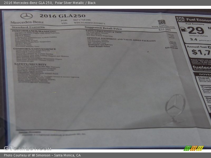  2016 GLA 250 Window Sticker