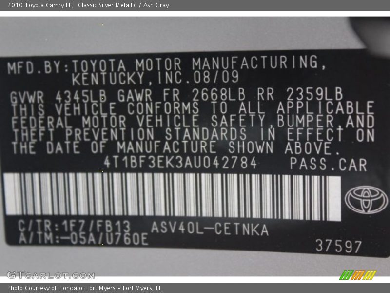 Classic Silver Metallic / Ash Gray 2010 Toyota Camry LE