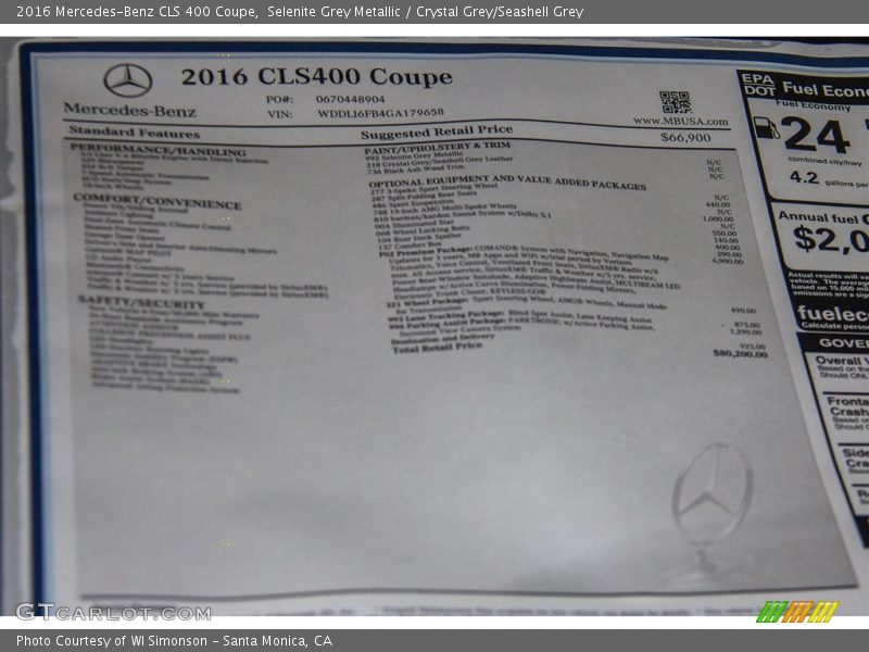 Selenite Grey Metallic / Crystal Grey/Seashell Grey 2016 Mercedes-Benz CLS 400 Coupe