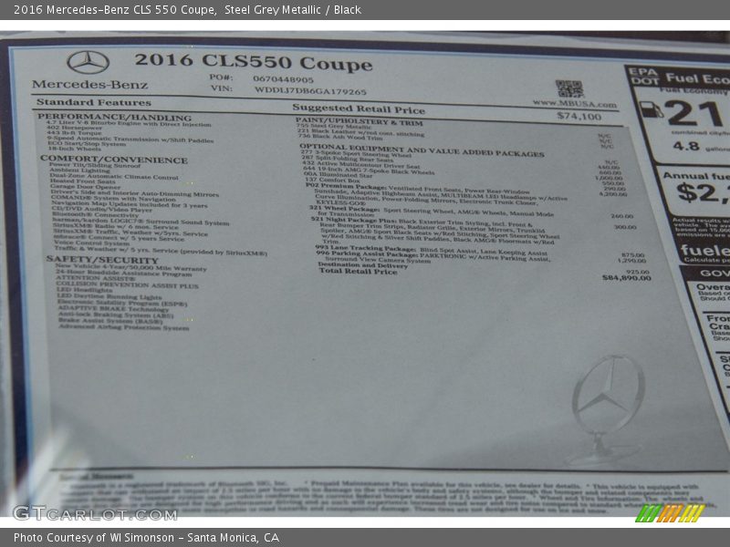  2016 CLS 550 Coupe Window Sticker