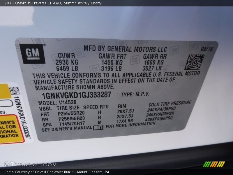 Summit White / Ebony 2016 Chevrolet Traverse LT AWD